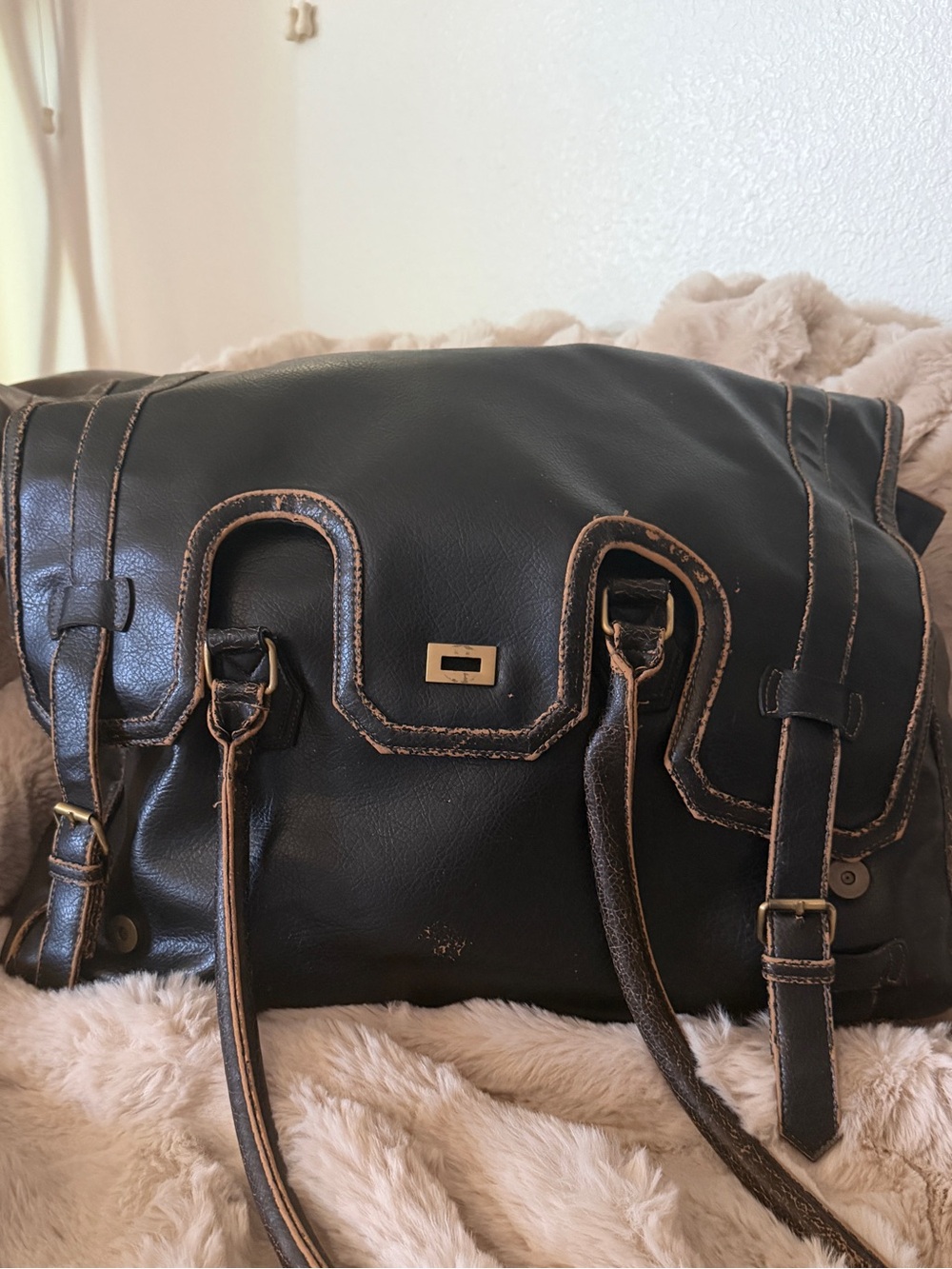 Black Shoulder Tote with Contrasting Brown Trim